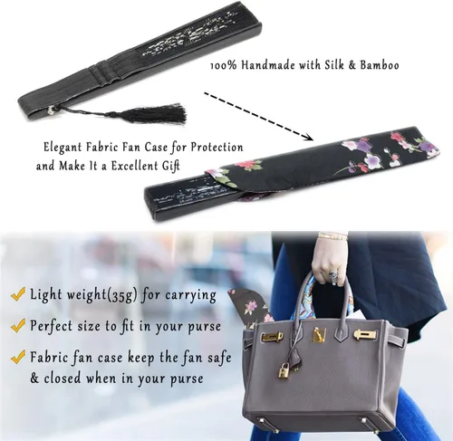 Vista 5 de OMyTea, abanico desplegable con motivo de flores de yuyos (8.27 pulgadas - 21 centímetros) con funda de tela para protección, estilo chino/japonés