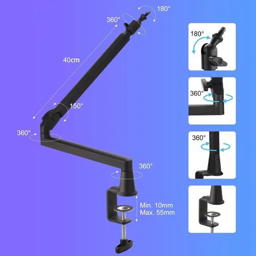 Vista 3 de Brazo de micrófono de perfil bajo de 5.9 in elevador extra, brazo de micrófono ajustable, soporte de micrófono montado en escritorio de metal