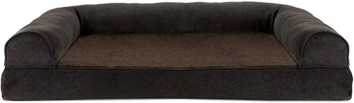 Vista 3 de Furhaven Cama ortopédica de espuma para perros, estilo sofá, de sherpa y chenilla, estilo caja de huevos, café, L