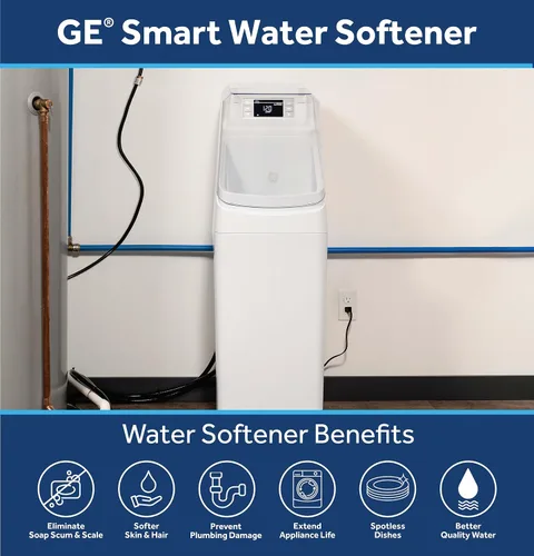 Vista 2 de GE Suavizador de agua inteligente con filtración integrada, 30,000 granos, reduce los minerales duros a toda la casa, WiFi integrado con alertas