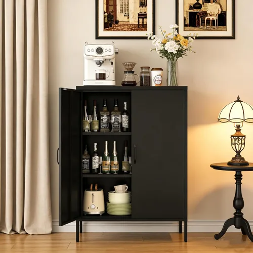 Vista 12 de Gabinete de Almacenamiento de Metal para Baño, Gabinete Aparador Negro con Puertas de Vidrio y Estantes Ajustables, Pequeños Gabinetes de Metal