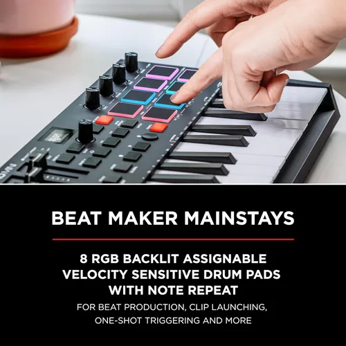 Vista 5 de M-AUDIO Oxygen Pro Mini Controlador de teclado MIDI USB de 32 teclas para MacOS y WinOS, con Beat Pads, perillas y faders asignables, y paquete