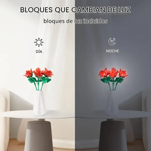 Vista 2 de Juego de construcción de ramo de rosas con luces, plantas artificiales, bonita colección botánica compatible, regalo para mujer