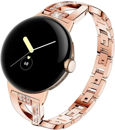 Vista 7 de Correa compatible con Google Pixel Watch – Cadena de repuesto de metal para mujer, pulsera de joyería brillante con diamantes de imitación para Negro