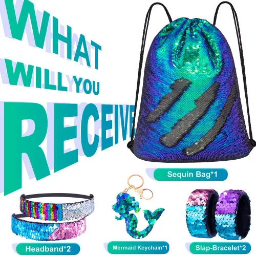 Vista 7 de Mermaid Reversible Sequin Drawstring Backpack Christmas Gift Party Bag Headband Keychain Bracelet for Kids Girls Birthday