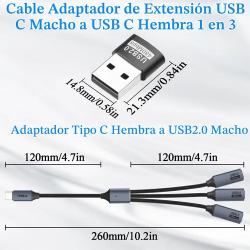 Vista 6 de QIANRENON Cable de extensión USB C 1 a 3 1 en 3 tipo C 2.0 macho a 3 hembra, con adaptador C a A Convertir USB2.0 macho a 3 USB C hembra ca-ble