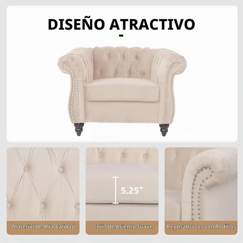 Vista 4 de QHITTY Silla decorativa, silla Chesterfield moderna tapizada de terciopelo con respaldo copetudo para muebles de sala de estar (beige)