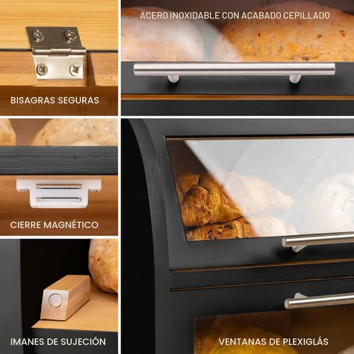 Vista 3 de Arise Panera de Bambú Elegante para Encimera de Cocina, Contenedor de Almacenamiento de Pan de Madera Extra Grande de 2 Estantes con Ventanas Negro