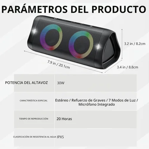 Vista 8 de DONOW Altavoz Bluetooth portátil 30W sonido estéreo, aumento de graves Negro