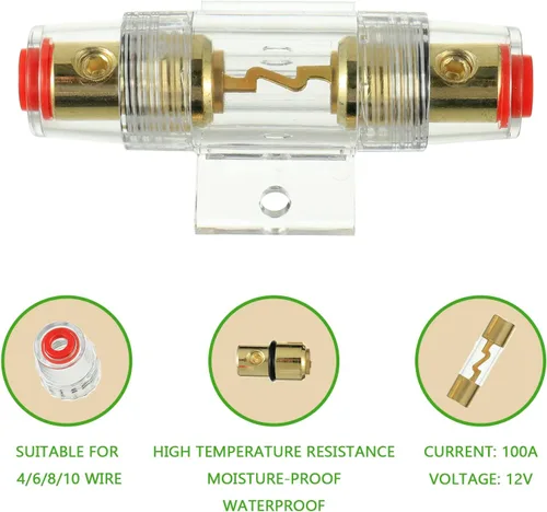 Vista 4 de Portafusibles en línea de calibre 4-8 AWG con fusibles AGU de 100 A para audio de coche, alarma, amplificador, compresores, soporte de fusibles