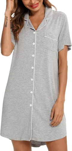 Vista 73 de Samring Camisón de pijama para mujer, manga corta/larga, con botones, camisón para dormir, camisón para novio, talla XXL