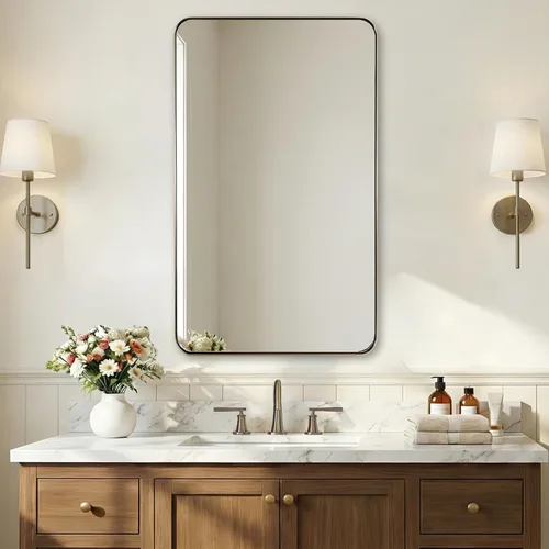 Vista 47 de ANDY STAR Espejo de pared cuadrado para baño, espejo de baño negro mate de 24 x 24 pulgadas, espejo de metal de esquina redondeada en marco de acero
