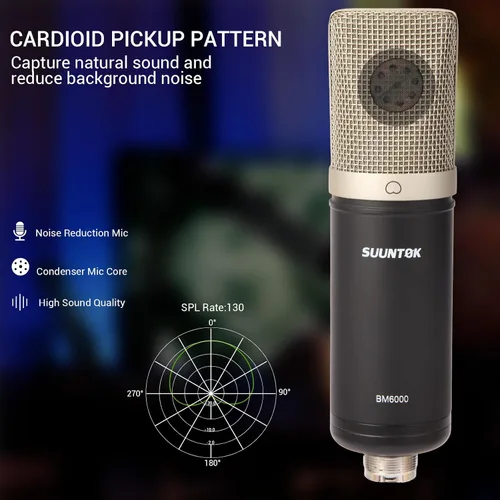 Vista 5 de Micrófono de condensador XLR, kit de micrófono cardioide de grabación profesional de diafgrama grande con soporte de choque, para estudio Negro