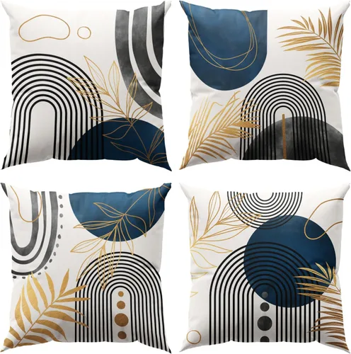Vista 9 de Juego de 4 fundas de almohada abstractas de color negro y beige de 16 x 16 pulgadas, modernas fundas de cojín a rayas para sala de estar, sofá