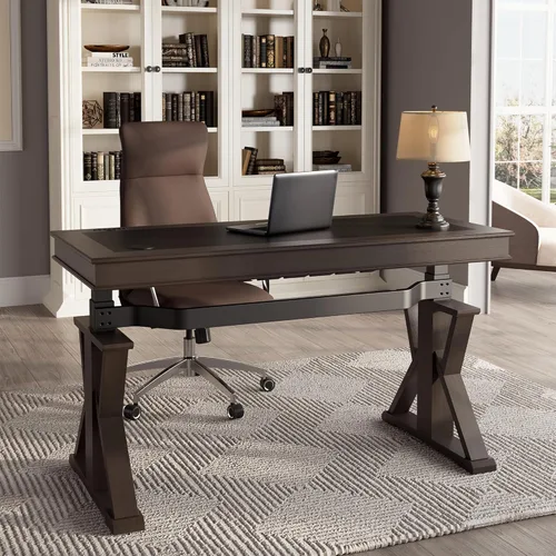 Vista 4 de EUREKA ERGONOMIC Escritorio de pie de cuero, escritorio ejecutivo de 1.52 m con cajones, escritorio moderno de pie y sentado con patas en forma de X