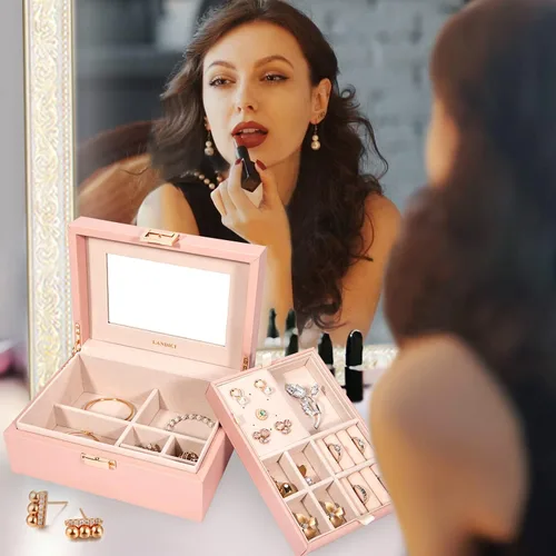 Vista 7 de LANDICI Organizador de joyas para mujeres y adolescentes, estuche grande de almacenamiento de joyas con espejo y bandeja extraíble de 2 capas