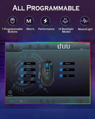 Vista 7 de UHURU WM-07L RGB Mouse con cable para computadora con 7 botones programables, 14 modos de retroiluminación de hasta 12800 DPI para jugadores