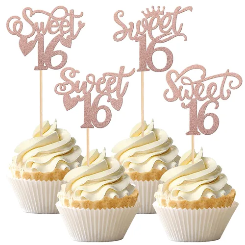 Vista 17 de 1 pieza de decoración de pastel de 16 años con purpurina de luna y estrella de luna feliz 16 cumpleaños, decoración para tartas de cumpleaños de 16