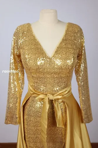 Vista 6 de Vestido de fiesta de lentejuelas de manga larga con cuello en V, vestido de fiesta dividido de satén con cola desmontable, vestido de noche formal