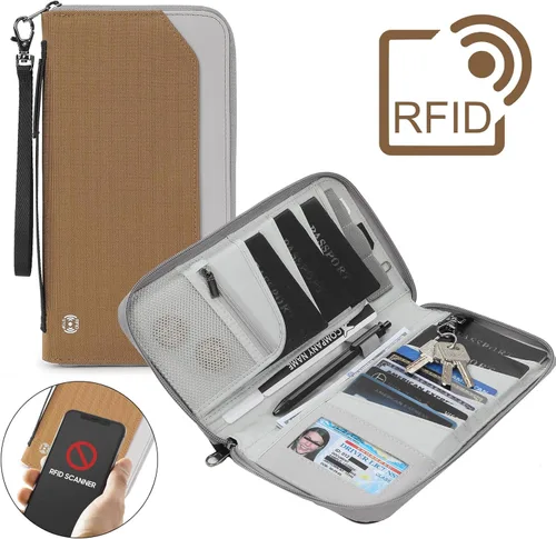 Vista 4 de Soporte para pasaporte de viaje para la familia - Cartera grande para pasaporte de viaje, Marrón claro, Classic