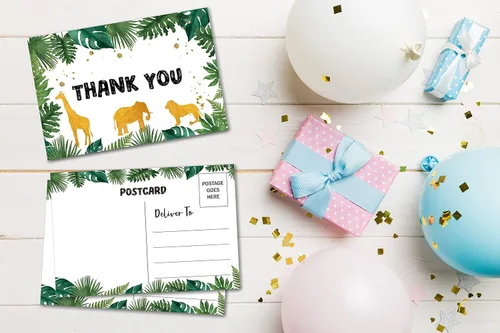 Vista 3 de Tarjetas postales de agradecimiento de cumpleaños, tarjetas de agradecimiento de animales de la selva verde para niños y niñas, fiesta