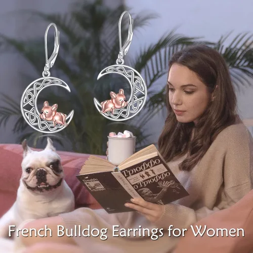 Vista 5 de VONALA Aretes de plata de ley 925 con diseño de bulldog francés, luna y calabaza, regalo de joyería para mujeres y niñas