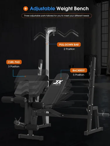 Vista 4 de JX FITNESS Banco de pesas olímpico con sistema de polea desplegable LAT y almohadilla de rizo de predicador, prensa de banco de entrenamiento