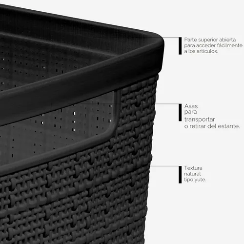 Vista 5 de Curver Juego de 6 cestas decorativas de plástico de yute mediano de 12 litros, para organización y almacenamiento, contenedores perfectos para Negro