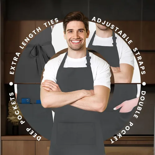 Vista 4 de Avalon Kitchen Aprons for Men - 100% Polyester Chef Apron Women with Extra Long Ties - Cooking Aprons for Women & Mens Apron Gris