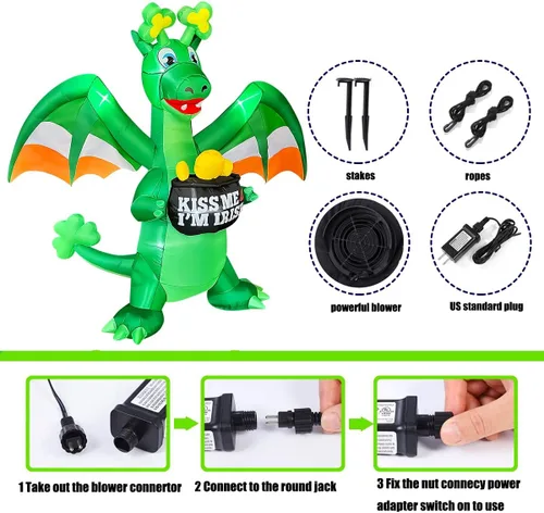 Vista 7 de SEASONBLOW Dragón inflable del día de San Patricio de 7 pies que sostiene una maceta de decoración dorada con cuerno de trébol irlandés LED inflable