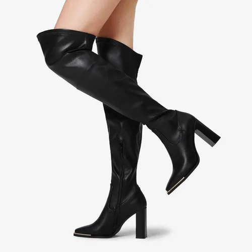 Vista 5 de DREAM PAIRS Botas por encima de la rodilla para mujer, con puntera cuadrada alta, tacón alto, largas y sexys, botas de otoño, Metálico