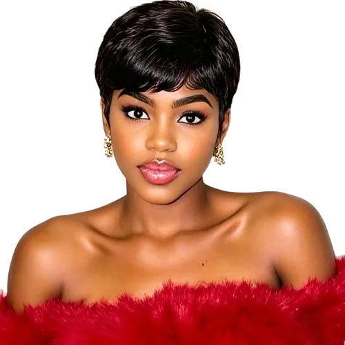 Vista 22 de Peluca de cabello humano con corte Pixie para mujeres negras, 100% cabello humano real, peluca corta y recta sin pegamento con flequillo, hecha a