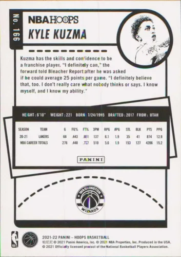 Vista 2 de 2021-22 NBA Hoops #166 Kyle Kuzma Washington Wizards Official Panini Basketball Card