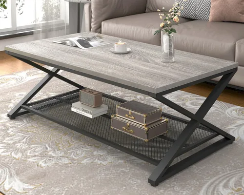 Vista 13 de LVB - Mesa de centro negra de 2 niveles con almacenamiento, 39 pulgadas Industrial Metal Wood Living Room Table with Storage, Farmhouse Wooden