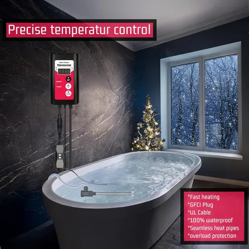 Vista 5 de Calentador de agua de inmersión de 1500 W para piscina y bañera, calentador sumergible eléctrico portátil con control de temperatura y GFCI