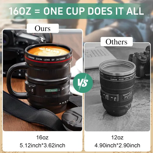 Vista 2 de Cabtnca Taza de café con lente de cámara de 16 onzas, regalos de fotografía geniales para fotógrafos de Navidad, divertida taza de café de cerámica