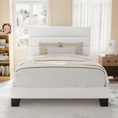Vista 16 de Allewie Base de cama de plataforma de tamaño individual con cabecera tapizada de tela y soporte de listones de madera, base de colchón totalmente
