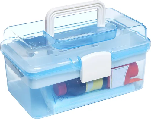 Vista 6 de MyGift Caja de almacenamiento de plástico de 10 pulgadas con bandeja extraíble, organizador de manualidades azul y caja de almacenamiento de arte