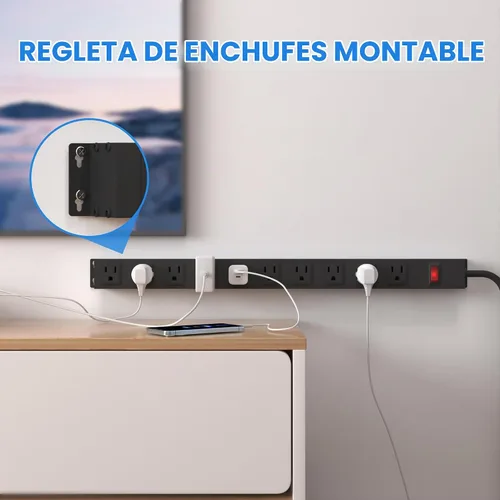 Vista 5 de Tira de alimentación de 10 tomas de 6 pies de largo, cable de extensión resistente para montaje en pared, enchufe de metal para cocina, oficina