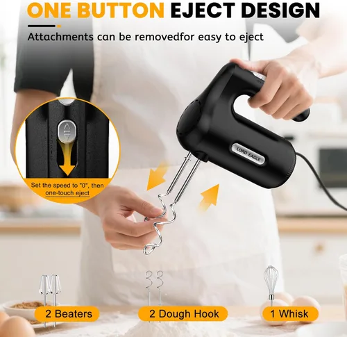 Vista 6 de Lord Eagle - Batidora de mano eléctrica de 5 velocidades, batidora de mano compacta de 300 W, batidora de huevos portátil de cocina con 5 accesorios