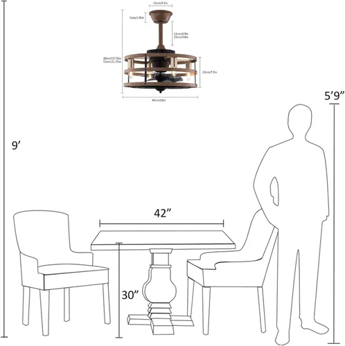 Vista 6 de OUKANING Ventilador de techo enjaulado con luz, reversible de 3 velocidades ajustables, ventilador de techo sin aspas con control remoto