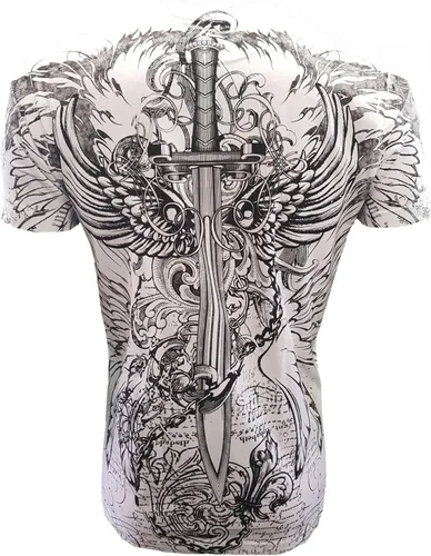 Vista 4 de KonflicUSA Camiseta para hombre con diseño de espada y cadenas, diseño de águila, diseño de espada y cadenas, color plateado metálico, cuello