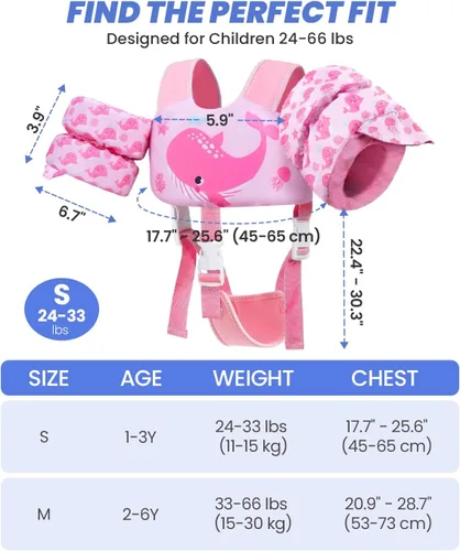 Vista 6 de Gogokids 2-in-1 Toddler Swim Vest Pool Floaties for Kids[CPC Certified & Remove Crotch Strap]Puddle Float Jumper 24-66 Pounds, Toddler Arm Floaties