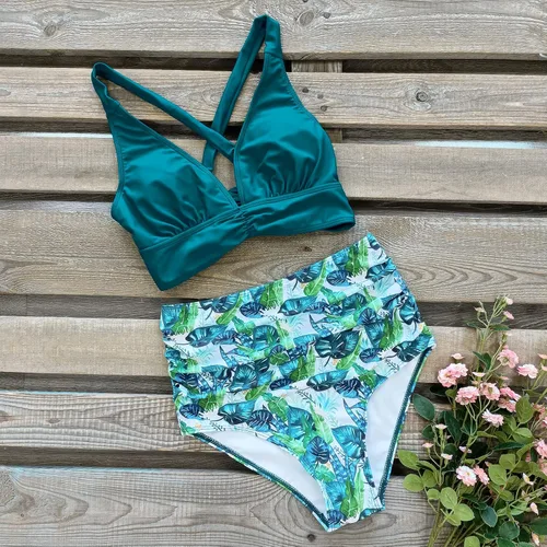 Vista 4 de SPORLIKE - Traje de baño de cintura alta para mujer, bikini de dos piezas con control de abdomen y parte superior triangular Hojas