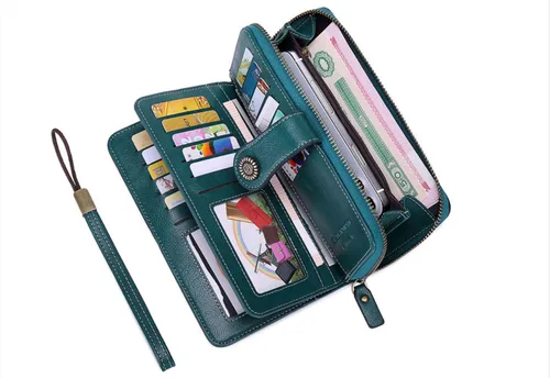 Vista 2 de BLONSO Cartera triple de piel para mujer con bloqueo RFID gran capacidad para mujer Azul Patchwork