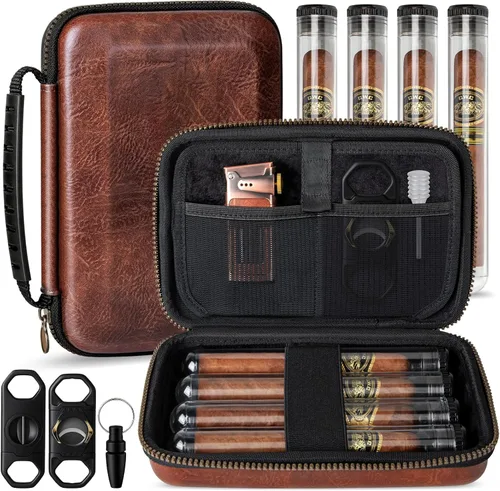 Vista 9 de Estuche Humidificador de Puros de Viaje, Bolsa Portátil para Puros con 4 Tubos para Puros, Estuche de Cuero para Puros Incluye Cortador Recto
