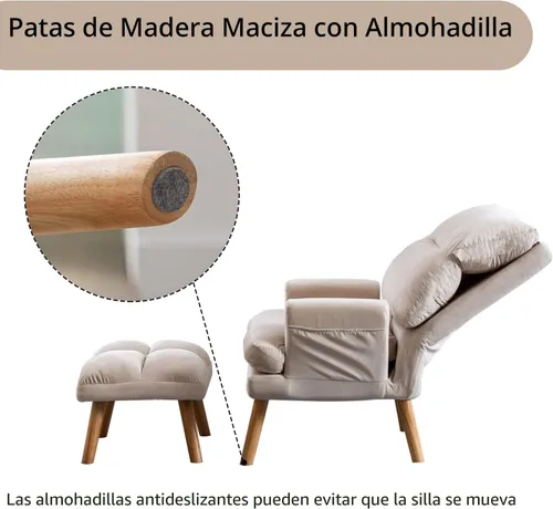 Vista 6 de INZOY Sillas Accent con Otomano, Sillón de Terciopelo Moderno con Respaldo Ajustable, Cómoda Silla de Salón para Sala de Estar Dormitorio, Crema