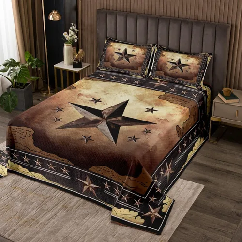 Vista 26 de Colcha acolchada rústica de Texas con estrellas del oeste de Texas para niños y niñas, color azul marino, juego de cubrecama de madera
