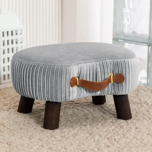Vista 9 de LUE BONA Taburete pequeño curvado con asa, reposapiés de terciopelo beige y otomanos, moderno reposapiés con patas de madera, taburete con asiento