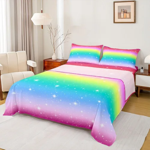 Vista 31 de Juego de sábana bajera ajustable de teñido anudado para niñas, juego de ropa de cama con diseño de arco iris degradado de arcoíris, lindo juego